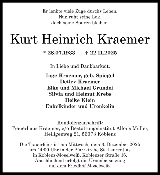 Traueranzeige von Kurt Heinrich Kraemer von Rhein-Zeitung