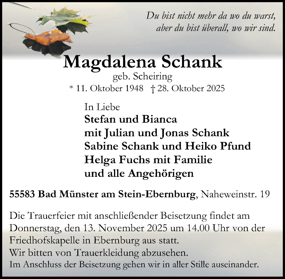  Traueranzeige für Magdalena Schank vom 08.11.2025 aus Oeffentlicher Anzeiger