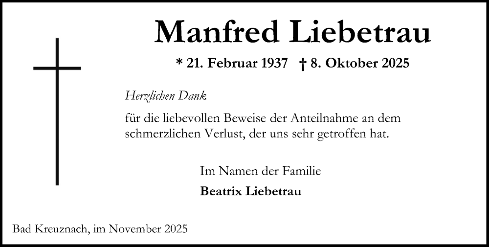  Traueranzeige für Manfred Liebetrau vom 08.11.2025 aus Oeffentlicher Anzeiger
