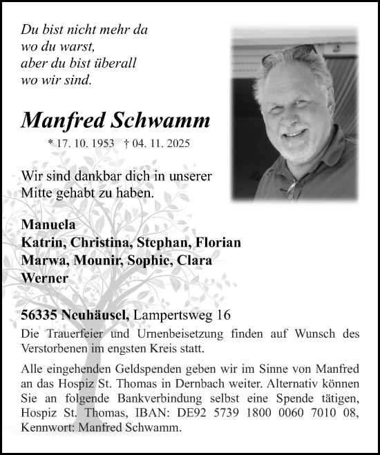 Traueranzeige von Manfred Schwamm von Rhein-Zeitung
