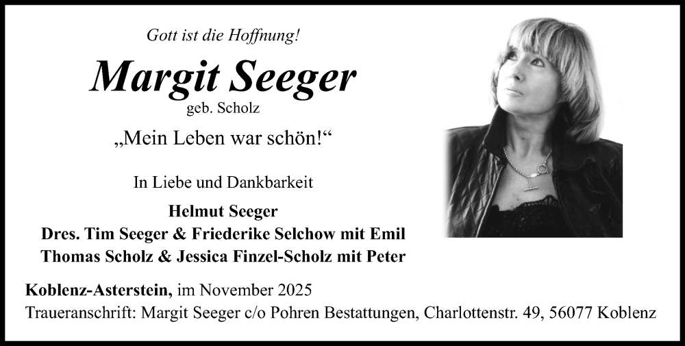  Traueranzeige für Margit Seeger vom 22.11.2025 aus Rhein-Zeitung