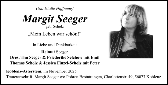 Traueranzeige von Margit Seeger von Rhein-Zeitung