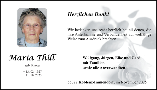 Traueranzeige von Maria Thill von Rhein-Zeitung