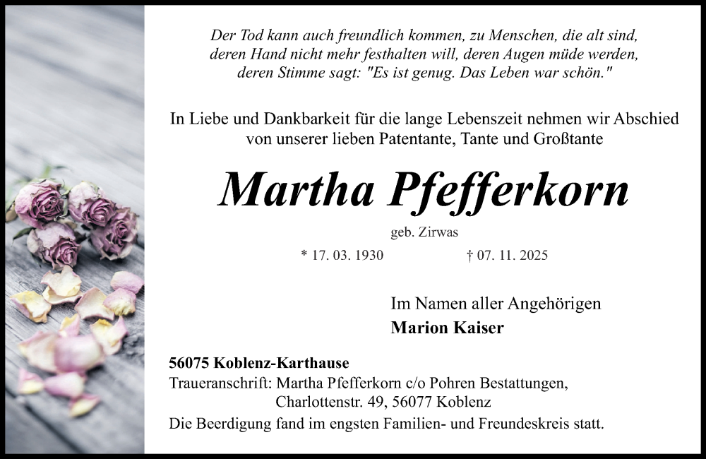  Traueranzeige für Martha Pfefferkorn vom 29.11.2025 aus Rhein-Zeitung