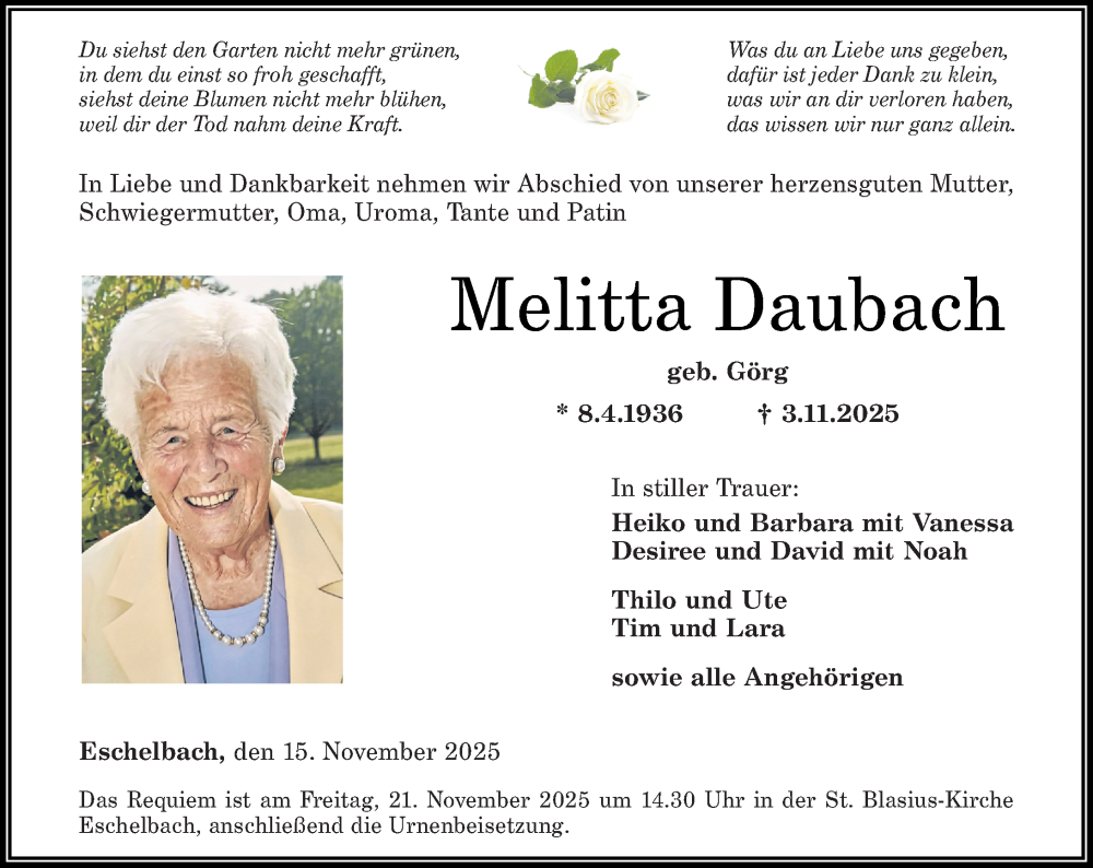  Traueranzeige für Melitta Daubach vom 15.11.2025 aus Westerwälder Zeitung