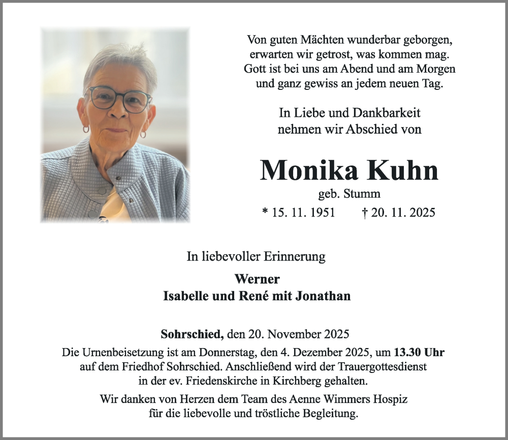  Traueranzeige für Monika Kuhn vom 26.11.2025 aus Rhein-Hunsrück-Zeitung