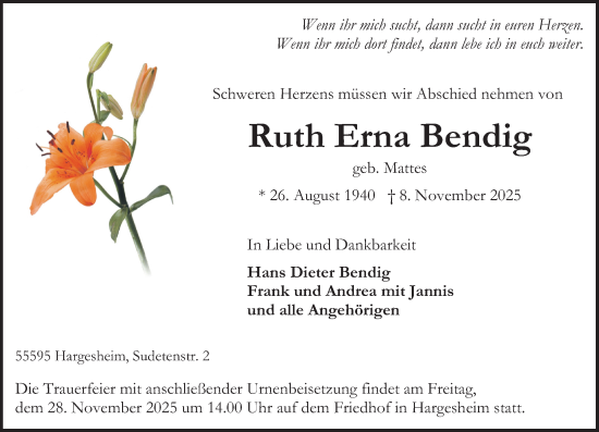 Traueranzeige von Ruth Erna Bendig von Oeffentlicher Anzeiger
