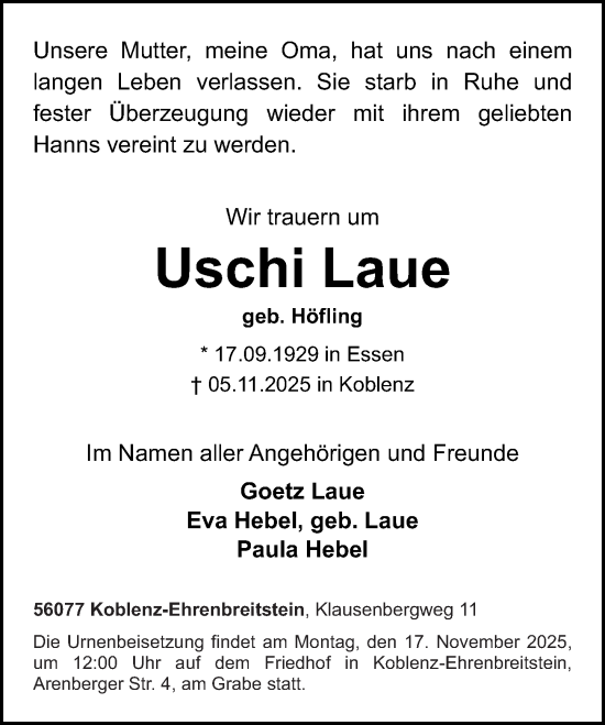 Traueranzeige von Uschi Laue von Rhein-Zeitung