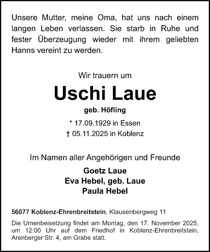 Traueranzeige für Uschi Laue vom 08.11.2025 aus Rhein-Zeitung