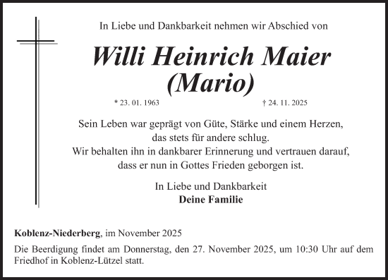 Traueranzeige von Willi Heinrich Maier von Rhein-Zeitung