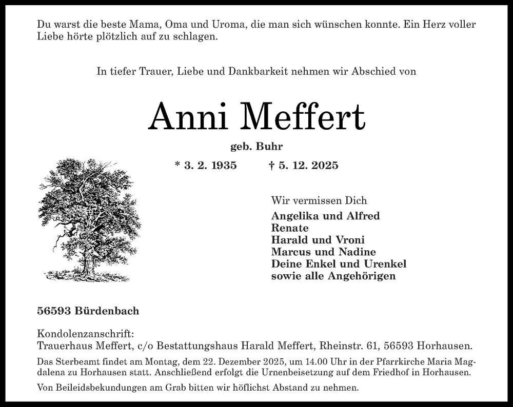  Traueranzeige für Anni Meffert vom 13.12.2025 aus Rhein-Zeitung