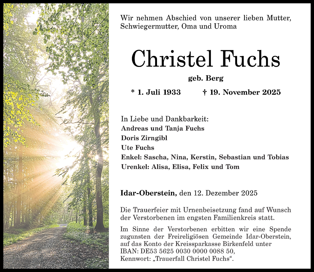  Traueranzeige für Christel Fuchs vom 13.12.2025 aus Nahe-Zeitung