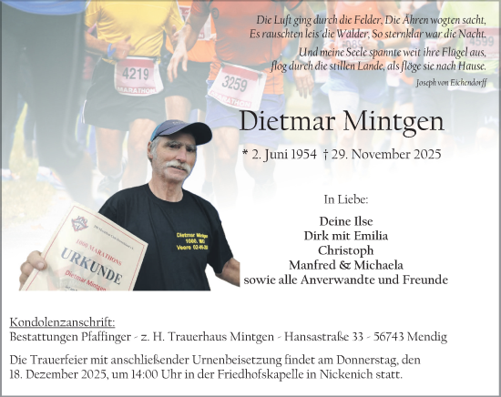 Traueranzeige von Dietmar Mintgen von Rhein-Zeitung