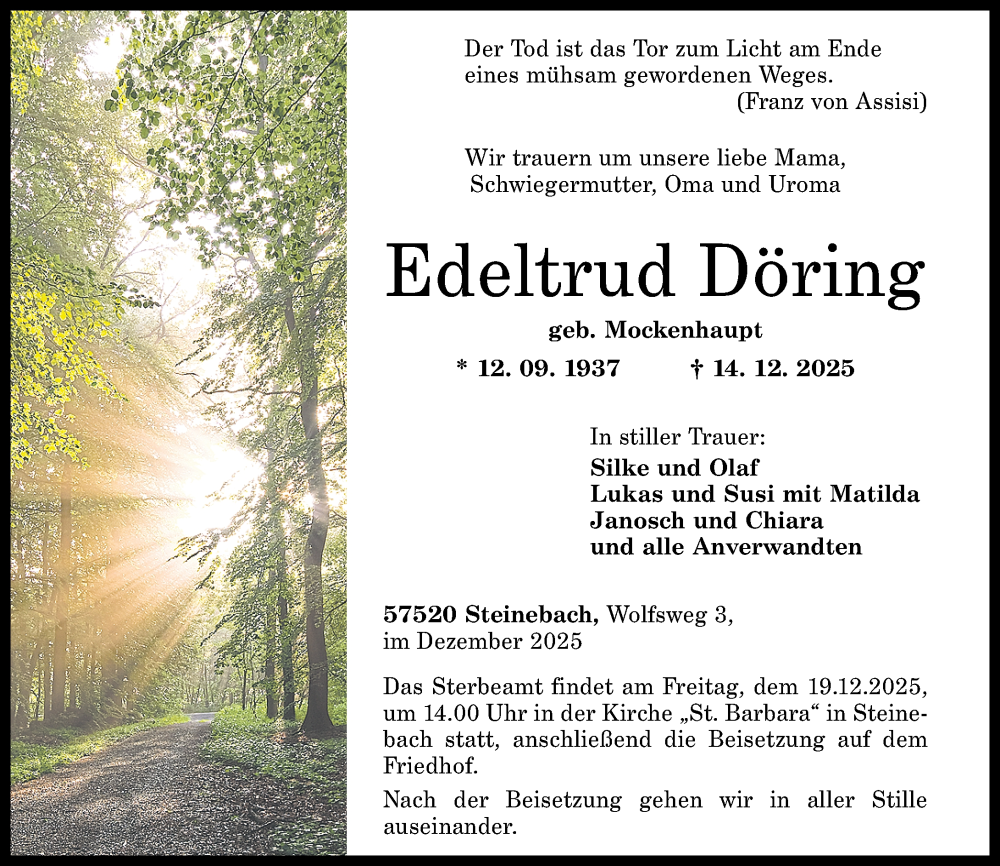  Traueranzeige für Edeltrud Döring vom 16.12.2025 aus Rhein-Zeitung
