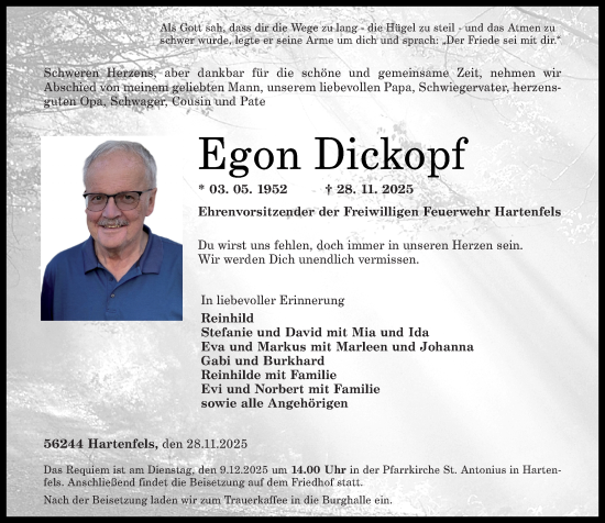 Traueranzeige von Egon Dickopf von Westerwälder Zeitung