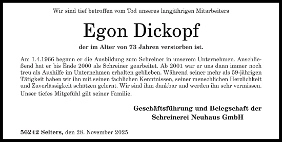 Traueranzeige von Egon Dickopf von Westerwälder Zeitung