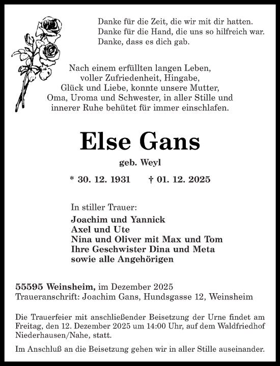 Traueranzeige von Else Gans von Oeffentlicher Anzeiger