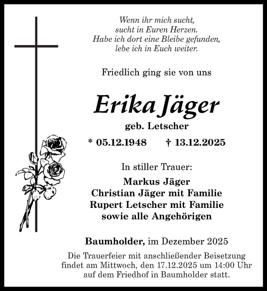 Traueranzeige von Erika Jäger von Nahe-Zeitung