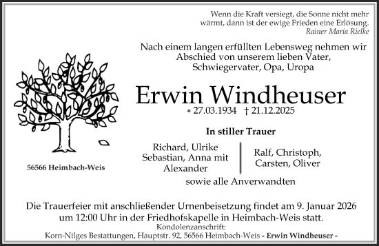 Traueranzeige von Erwin Windheuser von Rhein-Zeitung