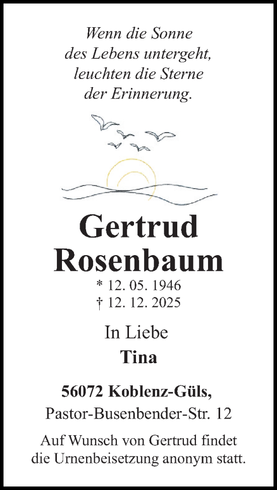 Traueranzeige von Gertrud Rosenbaum von Rhein-Zeitung