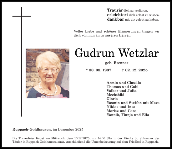Traueranzeige von Gudrun Wetzlar von Westerwälder Zeitung