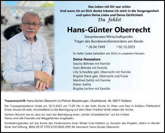 Traueranzeige von Hans-Günter Oberrecht von Rhein-Zeitung
