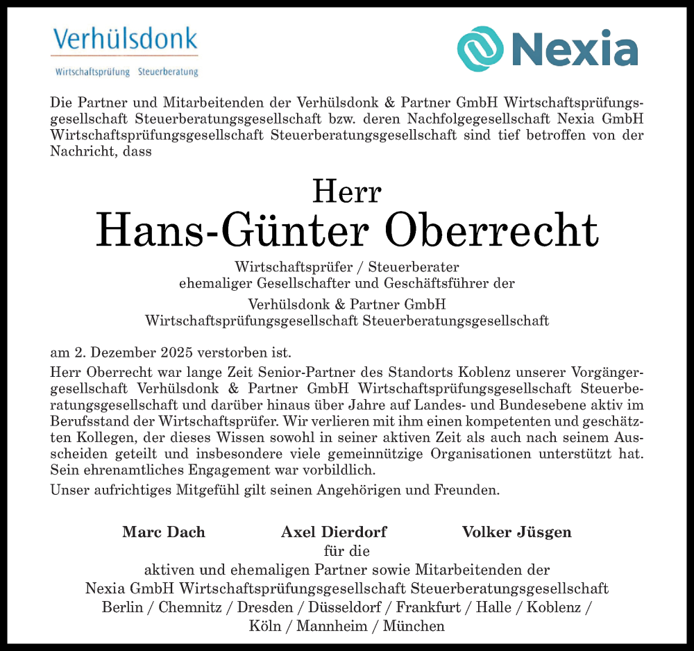  Traueranzeige für Hans-Günter Oberrecht vom 13.12.2025 aus Rhein-Zeitung
