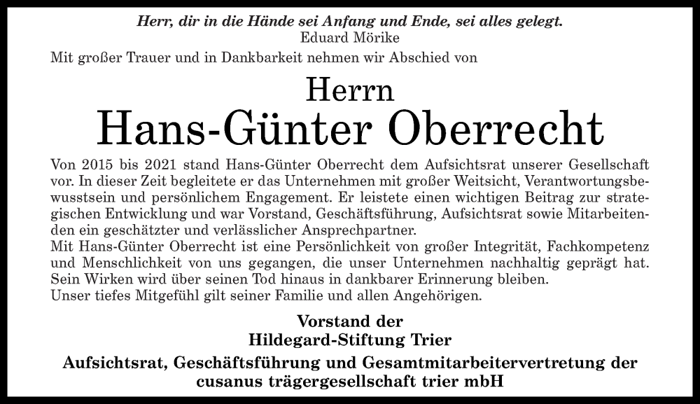  Traueranzeige für Hans-Günter Oberrecht vom 20.12.2025 aus Rhein-Zeitung