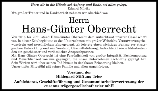 Traueranzeige von Hans-Günter Oberrecht von Rhein-Zeitung