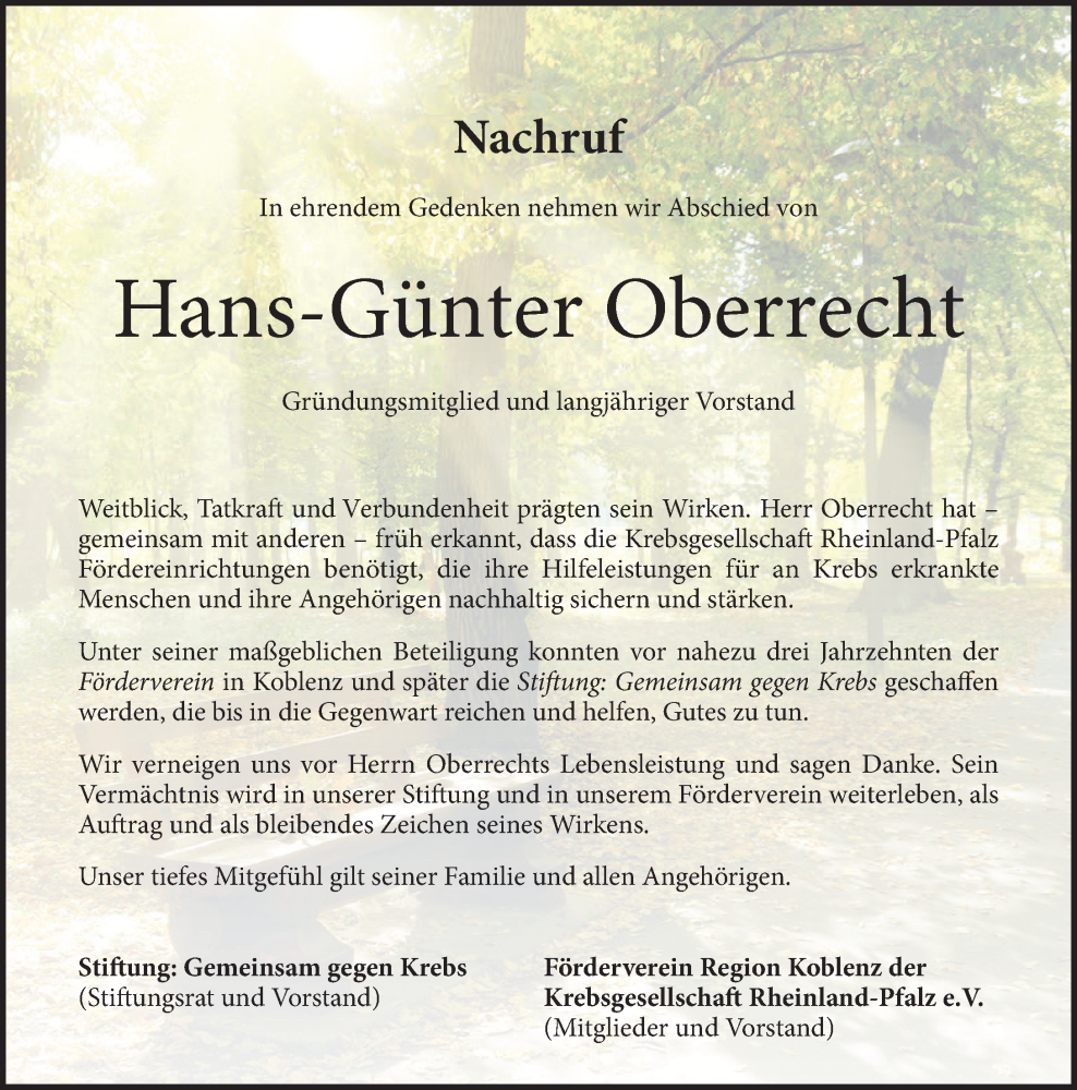  Traueranzeige für Hans-Günter Oberrecht vom 13.12.2025 aus Rhein-Zeitung