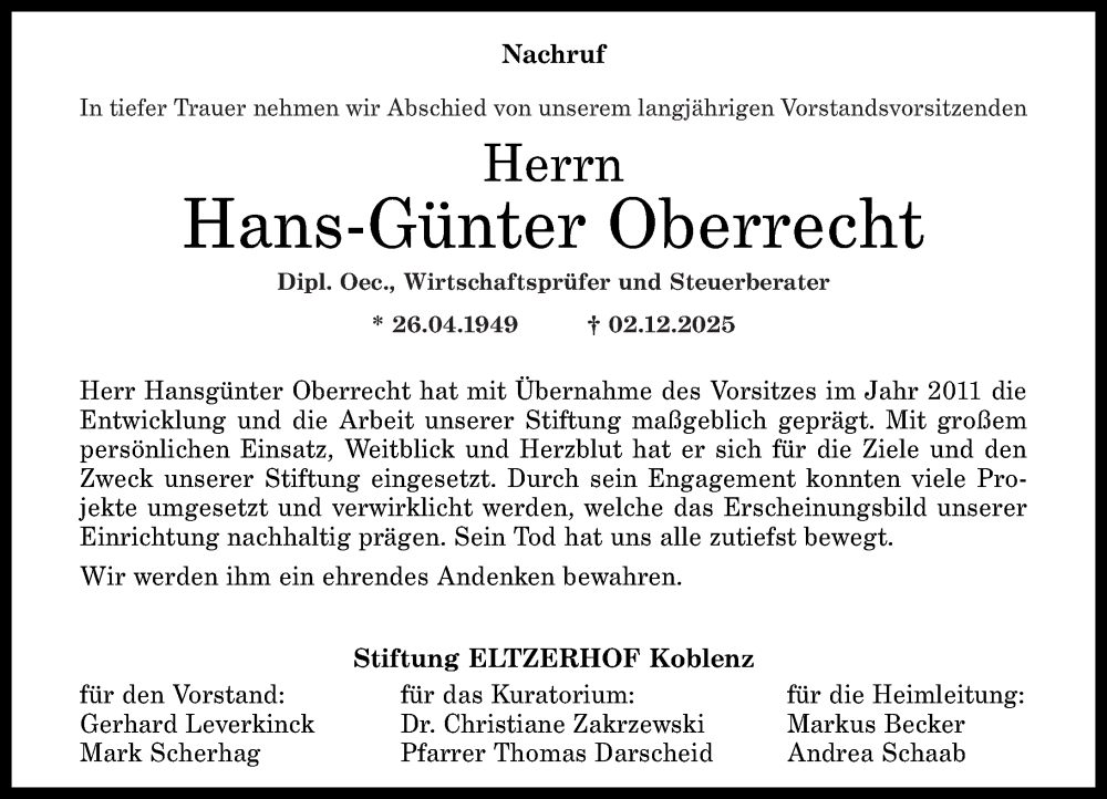  Traueranzeige für Hans-Günter Oberrecht vom 13.12.2025 aus Rhein-Zeitung