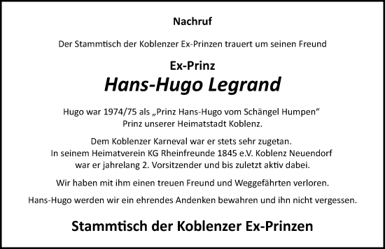 Traueranzeige von Hans-Hugo Legrand von Rhein-Zeitung