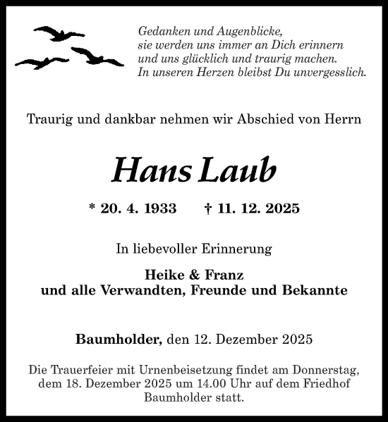 Traueranzeige von Hans Laub von Nahe-Zeitung