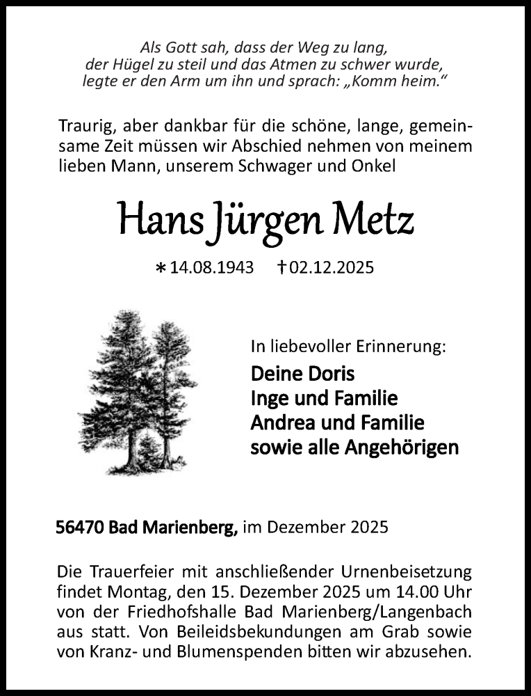  Traueranzeige für Hans Jürgen Metz vom 11.12.2025 aus Westerwälder Zeitung