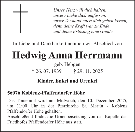 Traueranzeige von Hedwig Anna Herrmann von Rhein-Zeitung