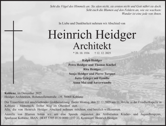 Traueranzeige von Heinrich Heidger von Rhein-Zeitung