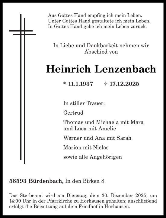 Traueranzeige von Heinrich Lenzenbach von Rhein-Zeitung