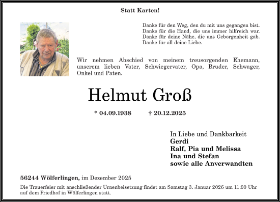 Traueranzeige von Helmut Groß von Westerwälder Zeitung