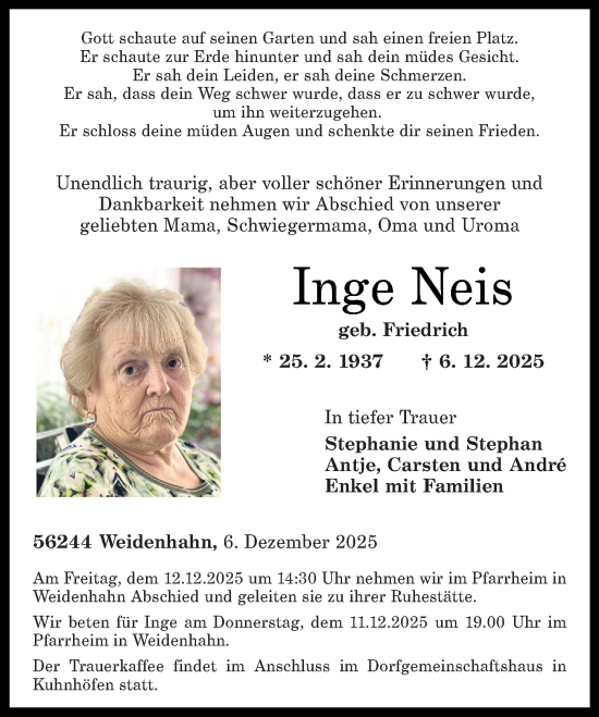 Traueranzeige von Inge Neis von Westerwälder Zeitung
