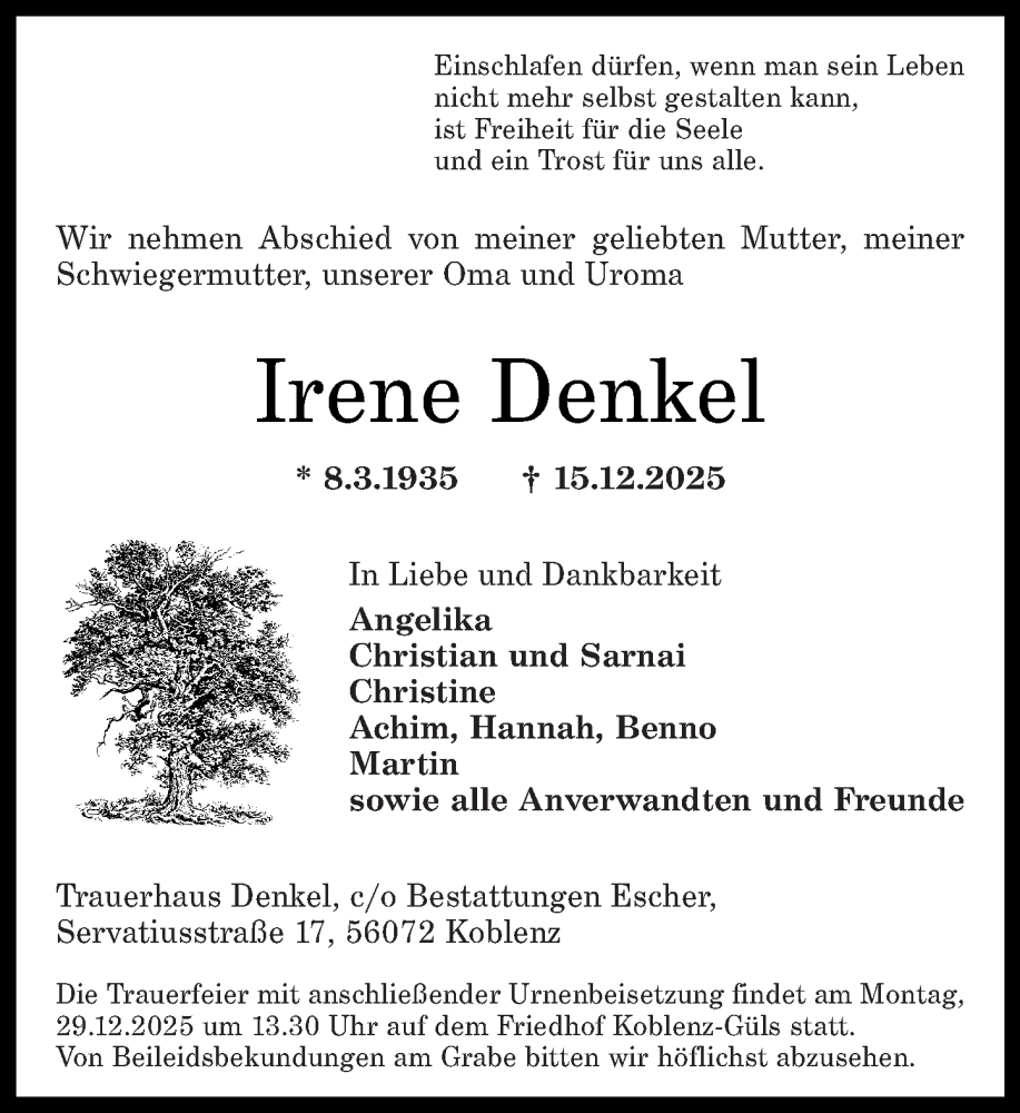  Traueranzeige für Irene Denkel vom 20.12.2025 aus Rhein-Zeitung