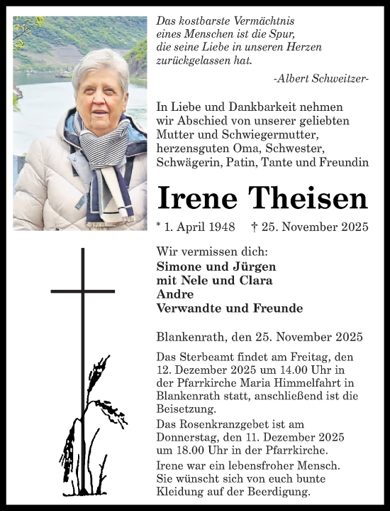 Traueranzeige von Irene Theisen von Rhein-Zeitung, Rhein-Hunsrück-Zeitung