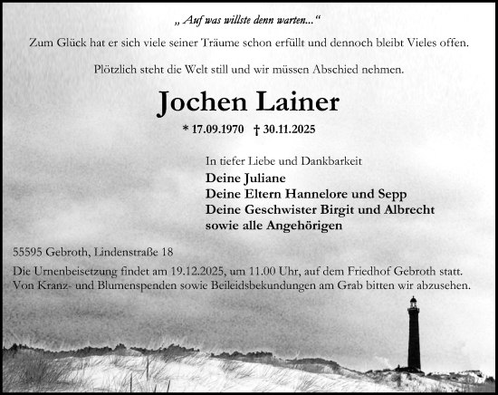 Traueranzeige von Jochen Lainer von Oeffentlicher Anzeiger