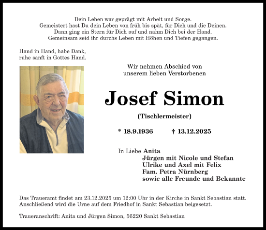 Traueranzeige von Josef Simon von Rhein-Zeitung