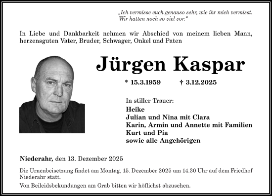 Traueranzeige von Jürgen Kaspar von Westerwälder Zeitung