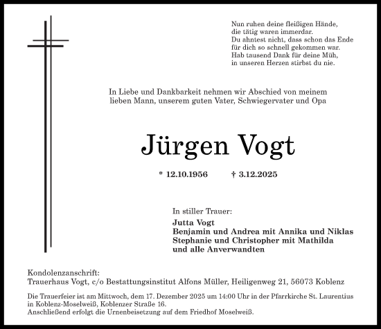 Traueranzeige von Jürgen Vogt von Rhein-Zeitung