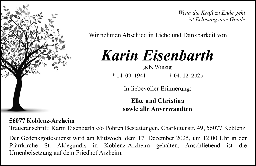  Traueranzeige für Karin Eisenbarth vom 13.12.2025 aus Rhein-Zeitung