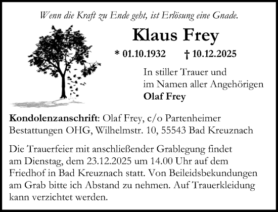 Traueranzeige von Klaus Frey von Oeffentlicher Anzeiger