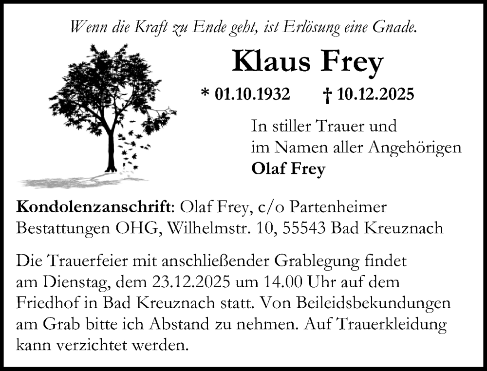  Traueranzeige für Klaus Frey vom 17.12.2025 aus Oeffentlicher Anzeiger