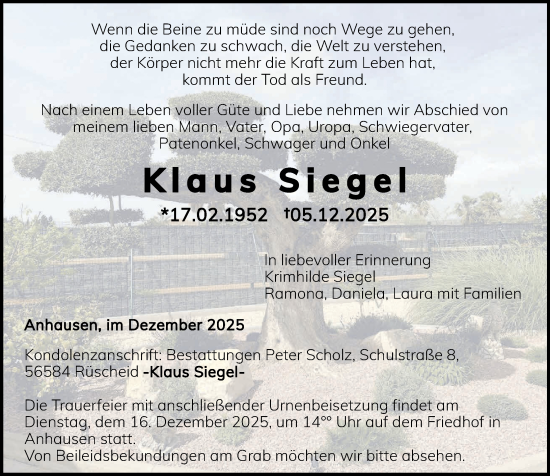 Traueranzeige von Klaus Siegel von Rhein-Zeitung