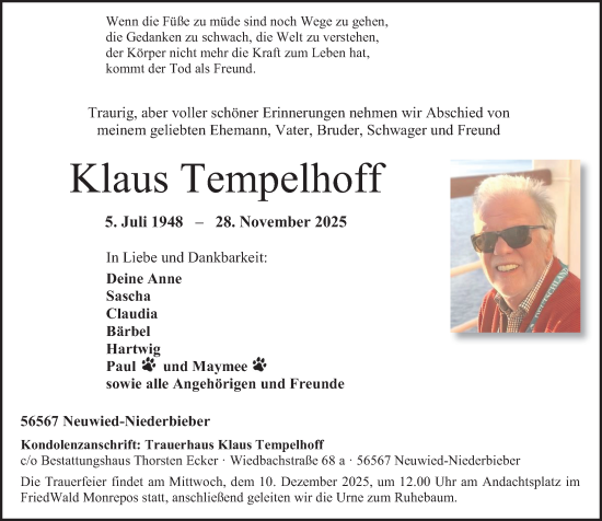 Traueranzeige von Klaus Tempelhoff von Rhein-Zeitung
